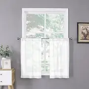 [Tollpiz] Short Sheer Tier Curtains Linen Textured Half Kitchen Curtain Sheers Light Filtering Rod Pocket Voile Small Curtain for Bathroom, 25 x 24 inches Long, White, Set of 2 Panels
