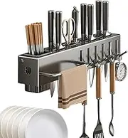 Kitchen Utensil Holder,Wall Mounted Utensils Holder Rack - Storage Organizer with Hooks, Hanger No Drilling Kitchen Accessories for Towel Spatula Cooking Tools Spoons