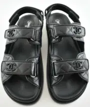Chanel Black Leather Quilted Chain CC Logo Mule Slide Strap Flat Dad Sandal 36