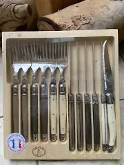Laguiole 12 Piece Stainless Steel Knives Forks Taupe Shades Ivory Color New
