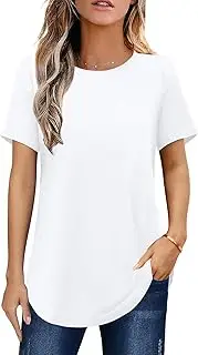 [Elesomo] Women's Short Sleeve Summer Long Shirt Crew Neck T-Shirt Casual Tops White L, A1: White, L