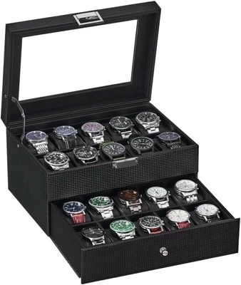 BEWISHOME Watch Box Organizer 20 Slots Case Men Display Black+Black