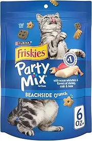 Purina Friskies Made in USA Facilities Cat Treats, Party Mix Beachside Crunch - (6) 6 oz. Pouches