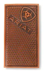 Ariat Western Mens Wallet Rodeo Leather Basket Weave Logo Brown A3556802