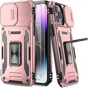 AUPAI for iPhone 14 Pro Max Case with Slide Camera Cover and Screen Protector, Heavy Duty Military Grade Protective Phone Case with Kickstand for Apple iPhone 14 Pro Max Rose Gold