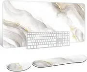 Auhoahsil Keyboard Mouse Pad Set, XXL Large Desk Pad+Keyboard Wrist Rest+Mouse Wrist Cushion Support, Ergonomic Memory Foam, 35.5" x 15.7" Extended Mousepad, for Office & Gaming, White Gold Marble