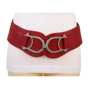Women Dark Red Elastic Waistband Fashion Belt Silver Metal Hook Buckle Size S M