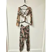 NWT Luli Fama Gypsy Bell Crop Top & Split Side Jogger Pants Set Multi Women M