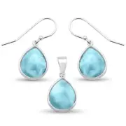 Natural Larimar Pear Shape Dangle Earring & Pendant .925 Sterling Silver Set