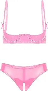 [GRRKDFQ] Women's Erotic Costumes Bare Breast Exposed Lingerie Set Adjustable Underwired Bra with Open Crotch Briefs