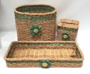 3 PC Woven Wicker Basket Bathroom Set Waste Basket Tissue Box Cover Tank Tray