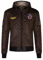 Men's Baseball Brown Bomber Jacket Varsity Letterman Badge Quilted Hood