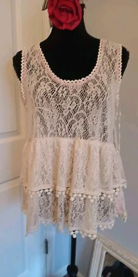 NWT Free People top ivory babydoll ALL lace sleeveless ruffle layers FAIRYCORE M