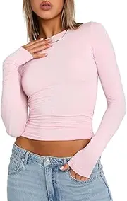 [Geagodelia] Womens Crop Tops Long Sleeve Skin Tight Fitting Crew Neck T-Shirt Stretch Slim Fit Basic Tops Y2K Aesthetic Clothes Going Out Tops