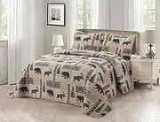 Rugs 4 Less Brown Rustic Quilted Bedding Set – Buffalo Check Plaid Bear, Moose & Pine Tree Wilderness Patchwork Design – Cabin & Lodge Décor Bedspread Coverlet Quilt Ensemble