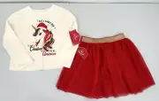 HOLIDAY TIME CHRISTMAS UNICORN TOP AND RED SPARKLE SKIRT Girl's Size 4-5 NEW