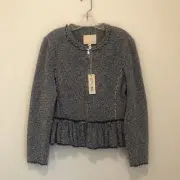 NWT Rebecca Taylor Tweed Raw Edges Peplum Jacket Zip Up Blue Sz 10 Retail $475