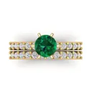 3.0ct Round Cut Pave Emerald Stone Ring Band bridal Set 14k Yellow solid Gold