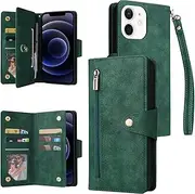 [YocoverTech] for iPhone 12 Case,for iPhone 12 Pro Wallet Case[6 Card Slots and 1 Zipper Coin Pocket] PU Leather Stand Flip Cover with Wrist Strap[6.1 inch]-Green