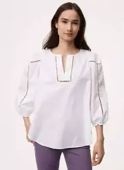 NWT Ann Taylor LOFT White Cotton Ladder Trim Cutout Split Neck Blouse, MEDIUM