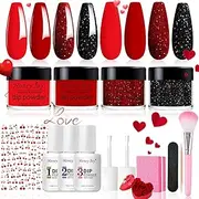 Honey Joy Dip Powder Nail Kit Starter,4 Colors Deep Red Glitter Holographic Black Dipping Powder Liquid Set with Base Top Coat for Nail Art Manicure Salon DIY No LED Nail Lamp Needed, Dip-7pcs-08