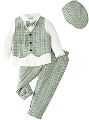 [Lito Angels] Gentleman Wedding Festive Checked Vest Suit Set with Hat for Baby Children Boys Grey Green Brown Blue