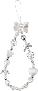 Gosknor Phone Charm Strap, Heart Bow Beaded Phone Charm Cute Y2K Phone Bracelet Strap Phone Keychain Charm Pearl Phone Lanyard Chain Beaded Phone Wrist Strap for Key Ring Backpack Wallet Camera,