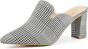 [Perphy] Pointed Toe Slip on Chunky Heels Houndstooth Slide Mules for Women Black White 10 M US