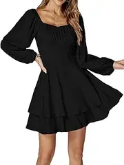 [LYANER] Women's Lantern Long Sleeve Wrap Tie Back Square Neck Double Layer Ruffle Hem A Line Short Mini Dress