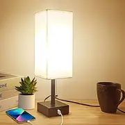 Bedside Table Lamp for Bedroom 3 Way Dimmable Touch Desk Lamp USB Charging Ports Small Lamp Wood Base Round Flaxen Fabric Shade for Living Room, Desk, LED Bulb Included