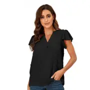Nevenka Womens Ruffle Shirts V Neck Short Sleeve Pom Chiffon Blouses Tops-Black