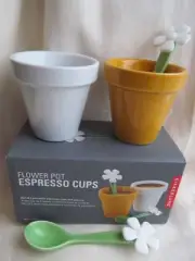 Kikkerland Set of 2 Flower Pot Espresso Coffee Tea Cups With 2 Flower Spoons New