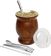 Yerba Mate Gourd Set, 8 oz Stainless Steel Double Wall Yerba Mate Gourd Cup, Yerba Mate Tea Set for Mate Tea, Coffe, Drinks (Wood Color)