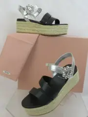 NIB MIU MIU 5XZ379 BLACK LEATHER SILVER JEWELED BUCKLE JUTE PLATFORM SANDALS 38