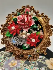 JEWELRY ART-Rhinestone and Faux Pearl Florals in Ornate Gold Frame