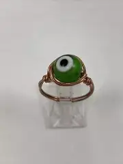Handmade ~ Copper Wire Wrap ~ Green Evil Eye Glass Bead Ring ~ Size 8 1/2 #143