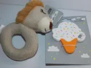 Baby Infant Rattle & Silicone Teether Tan Knit Lion and Ice Cream Cone