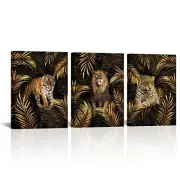 Jungle Animal Canvas Wall Art Tiger Lion Leopard with Gold Leaves small