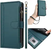 Nexue Case for iPhone15 Pro Max,Wrist Strap Crossbody Strap, Wallet Phone Case Card Holder PU Leather Kickstand Zipper,Dark Green