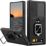 for Sumsung Galaxy S22 Ultra Case with Card Holder,rojarou Sumsung S22 Ultra Case with Slide Camera Cover and 360° Rotate Ring Kickstand Heavy Duty Protective Phone Case for S22 Ultra 5G-Black