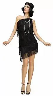Womens Flapper Costume Black 1920s Roaring 20s Fringe Fancy Dress Adult S/M NEW