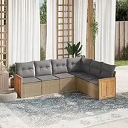 6 Piece Garden Sofa Set with Cushions Beige Poly Rattan, Conversation Sets