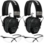 [Walker's] Walkers Razor Patriot Series Hi-Gain Omnidirectional Microphone Adjustable Range Shooting Hunting Hearing Protection Electronic Earmuffs (Kryptek Camo) Bundle with Protective Glasses (2-Pack)