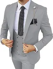 [JEShifangjiusu] Men's 3 Piece Suit Jacket One Button Single Breasted Tuxedo Blazer Formal Wedding Groomsmen Sport Coat Slim Fit Prom Suits Set with Vest Pants, Gray Silver, 4XL