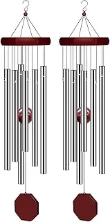 2 Pack Memorial Wind Chimes, Large Deep Tone Elegant Sympathy Wind-Chime Personalized with 6 Tuned Tubes, Outdoor Decor for Outside Garden Porch Patio Balcony Home Decor (Silver, 28")