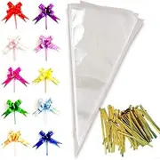 100 Pcs Transparent Cellophane Bag Cone Shaped Treat Bags &100 PcsTwist Ties and Bows,Triangle Bags for Favor Candy Cookies (18 * 37CM) FUNNTY