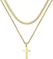 Harlorki Simple Layered Cuban Link Chain Stainless Steel Cross Pendant Necklace Gifts for Men Boys Boyfriend Fashion Jewelry