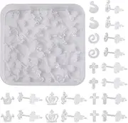Boutigem 60 Sets Mini Transparent Resin Stud Earrings with Ear Nut Crown Cross Swan Vortex Mixed Shapes Tiny Ear Studs for Women Jewelry DIY Making Accessories, Clear
