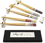 NaiHey 5 Pairs Chopsticks and Chopstick Rest Set, 6 Cute Lucky Cats Rest, Classic Japanese Style light and handy Reusable Natural Bamboo Dishwasher, Classic Gift Sets