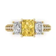 4.26ct Emerald RD 3 stone Natural Citrine Promise Wedding Ring 14k Yellow Gold